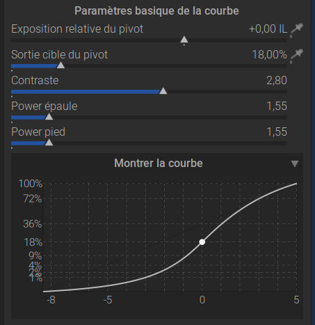 Capture d’écran des Paramètres basiques de la courbe dans AgX
