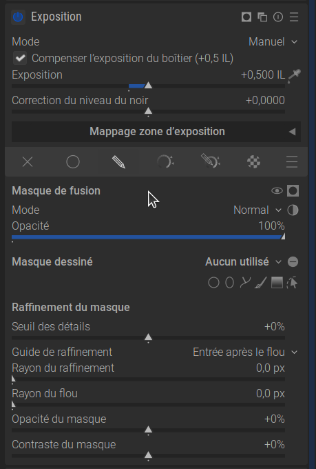 Copie d'écran du module Exposition ouvert + masque dessiné
