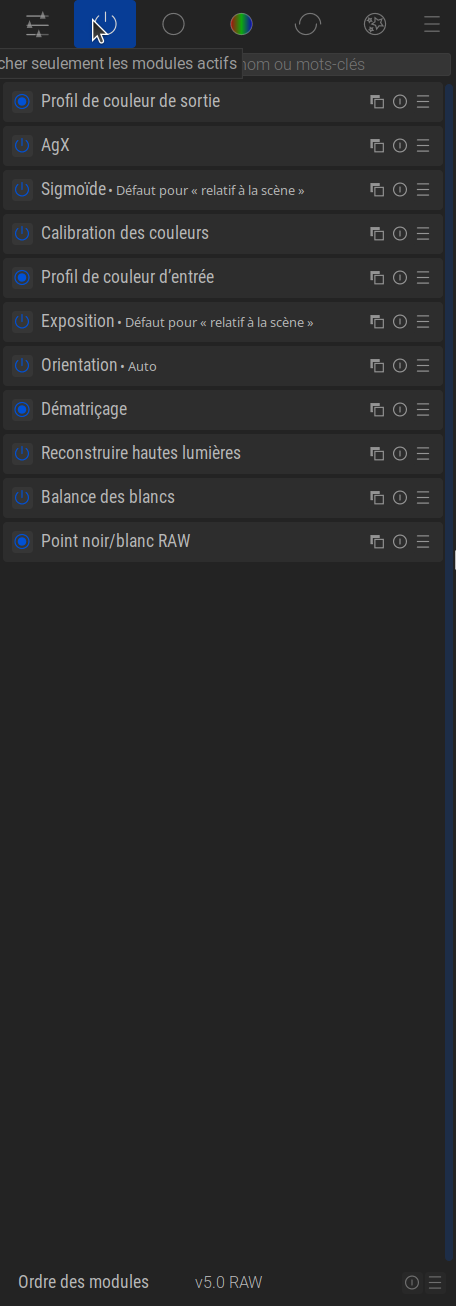 Copie d'écran du groupe de modules actifs