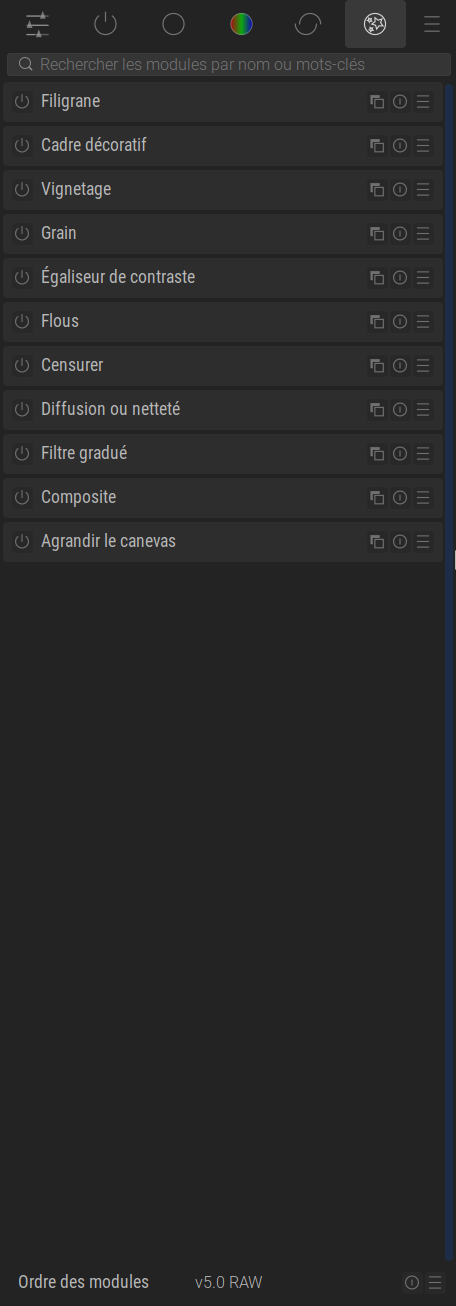 Copie d'écran du groupe de modules effets