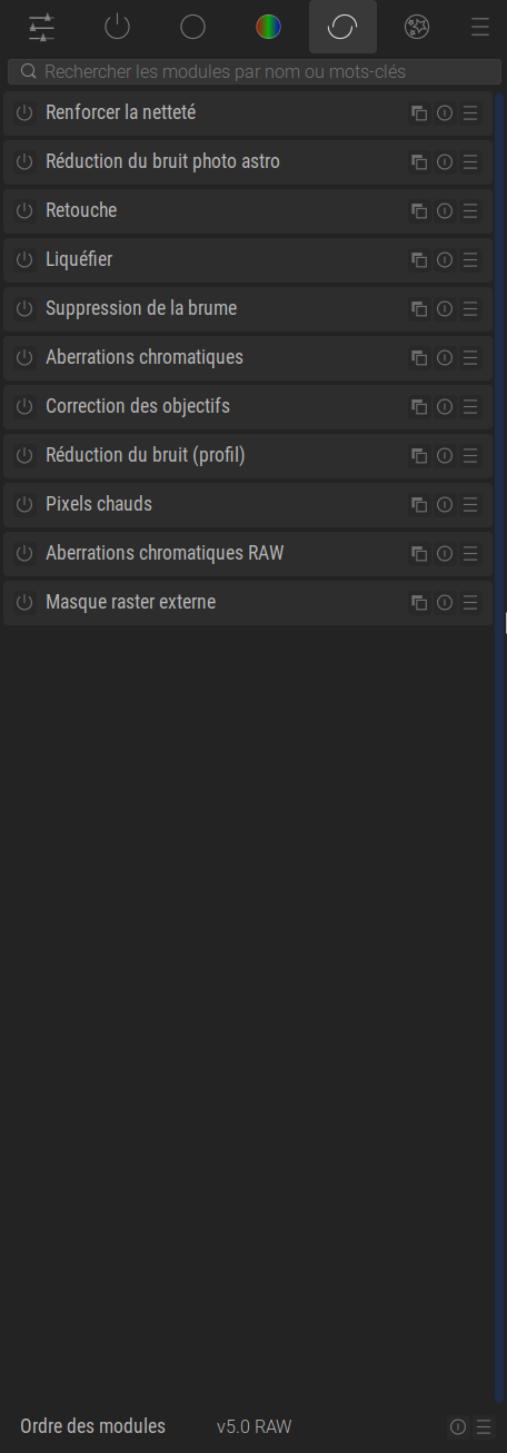 Copie d'écran du groupe de modules retouche
