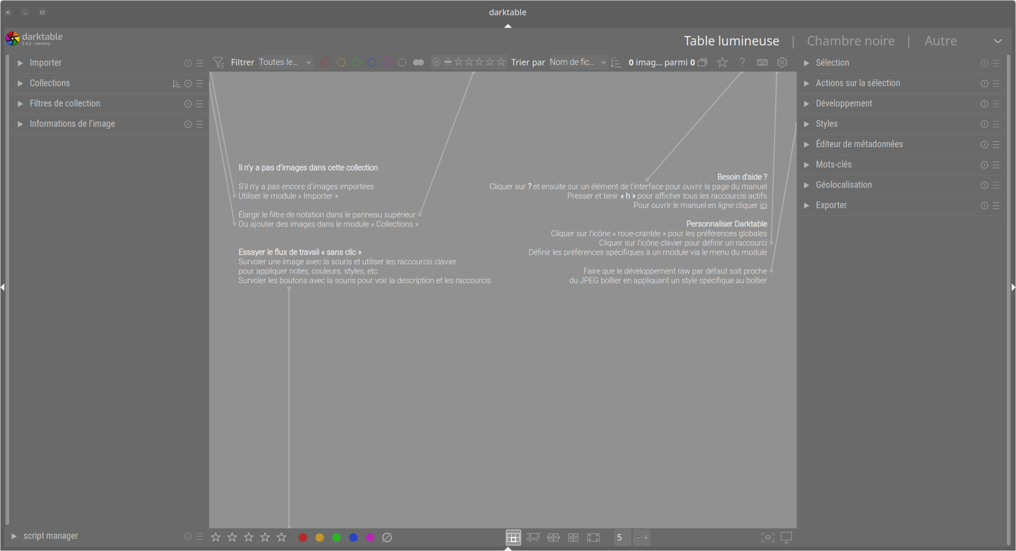 Copie d'écran de la fenêtre darktable au 1er lancement