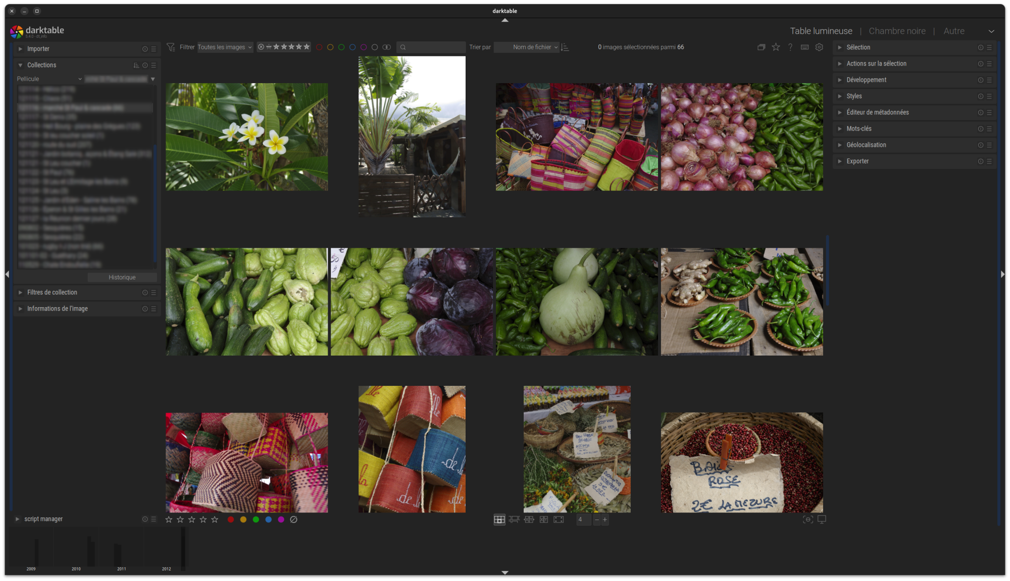 Copie d'écran de la vue Table lumineuse avec Collections ouvert
