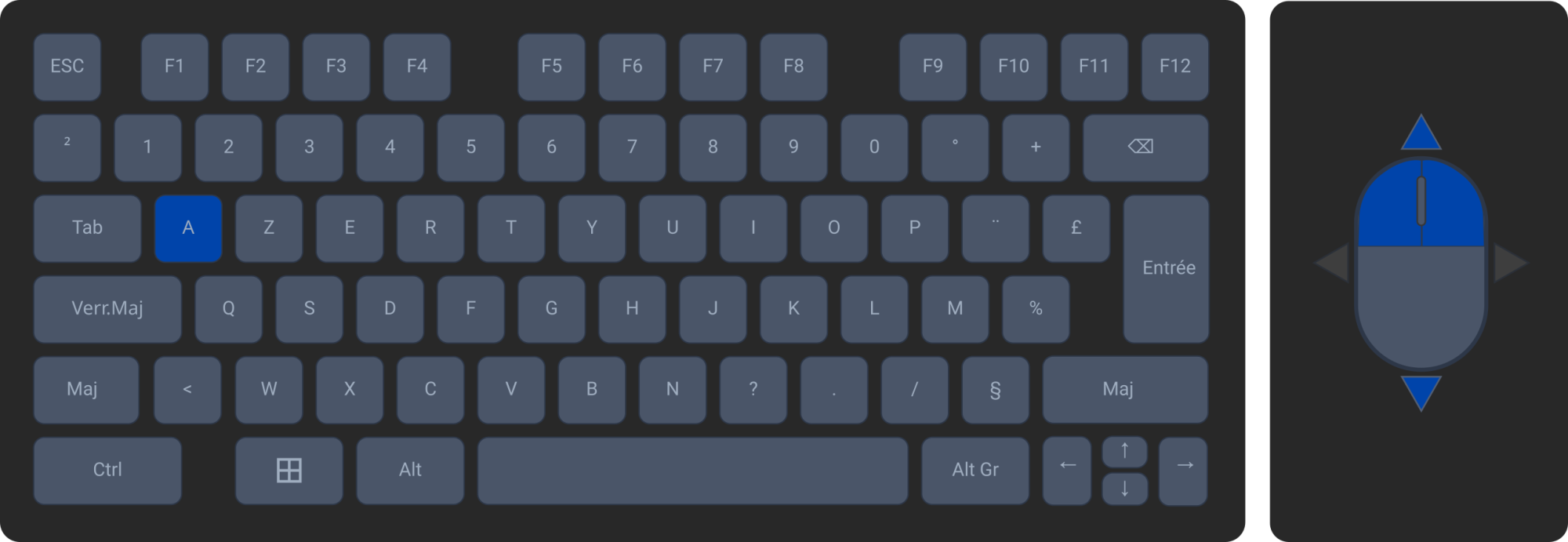 clavier azerty interactions souris clavier A+haut-bas+clic D