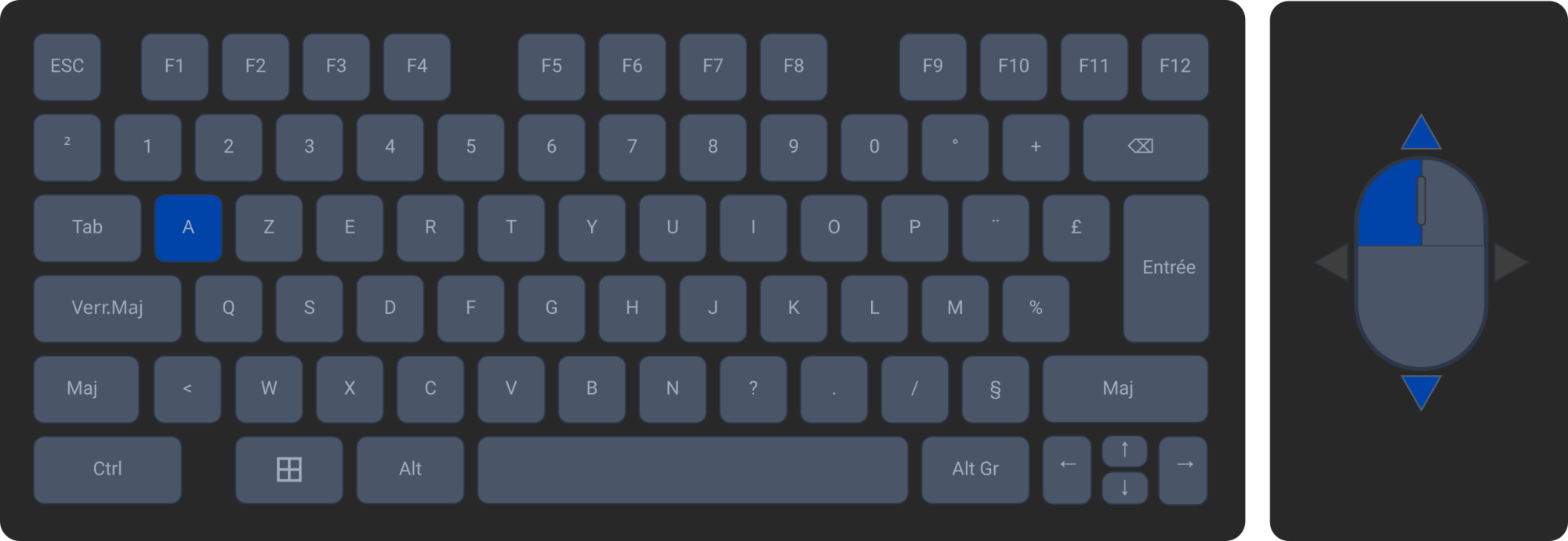 clavier azerty interactions souris clavier A+haut-bas+clic G
